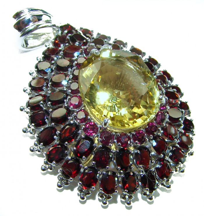 Vintage Design Genuine 37.5 carat precious Citrine Garnet .925 Sterling Silver handmade Pendant - Vintage citrine garnet pendant, angled view, stone close-up.