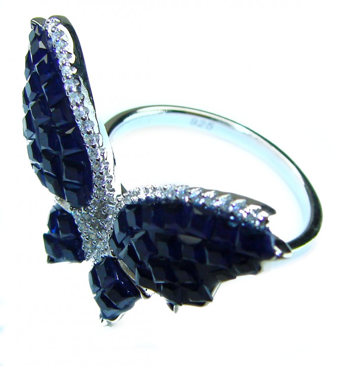 Blue Butterfly Authentic 16.2 carat Sapphire .925 Sterling Silver handcrafted Ring size 8 - Blue butterfly ring, side view, 16.2 ct sapphire, .925 sterling silver