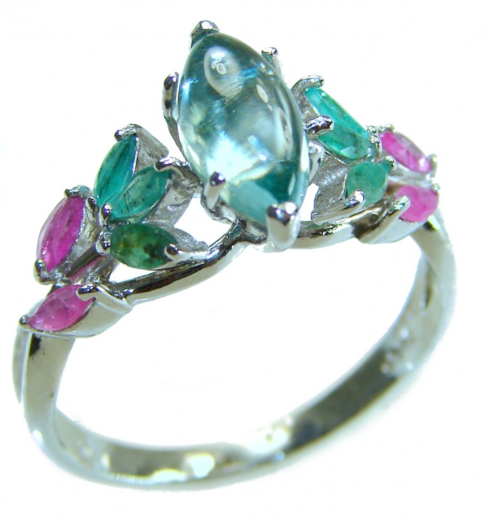 Emily 6.8 carat Swiss Aquamarine Emerald .925 Sterling Silver handmade Statement Ring size 9 - Side view of Emily ring with aquamarine and emeralds in sterling silver