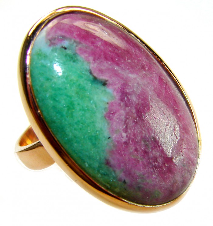 Authentic Ruby in Zoisite 18k Gold over .925 Sterling Silver handmade Cocktail Ring s. 7 adjustable - Ruby in Zoisite ring, stone close-up, 18k gold over sterling silver.
