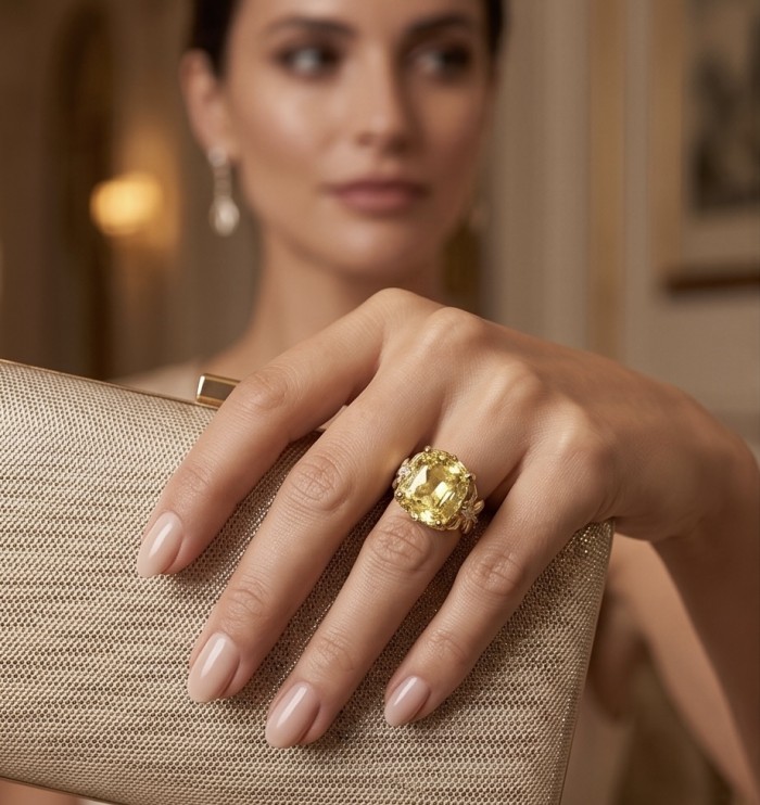 Authentic princess cut 18.8 carat yellow Sapphire 22K Gold over .925 Sterling Silver handmade Ring s. 7 - Close-up of yellow sapphire ring on hand holding a textured clutch