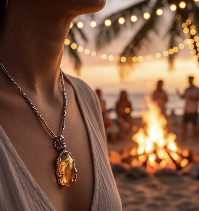 Massive Prehistoric Authentic Golden Baltic Amber rhodium over .925 Sterling Silver beautifully handcrafted Pendant - Amber necklace worn at sunset beach gathering with fire in background