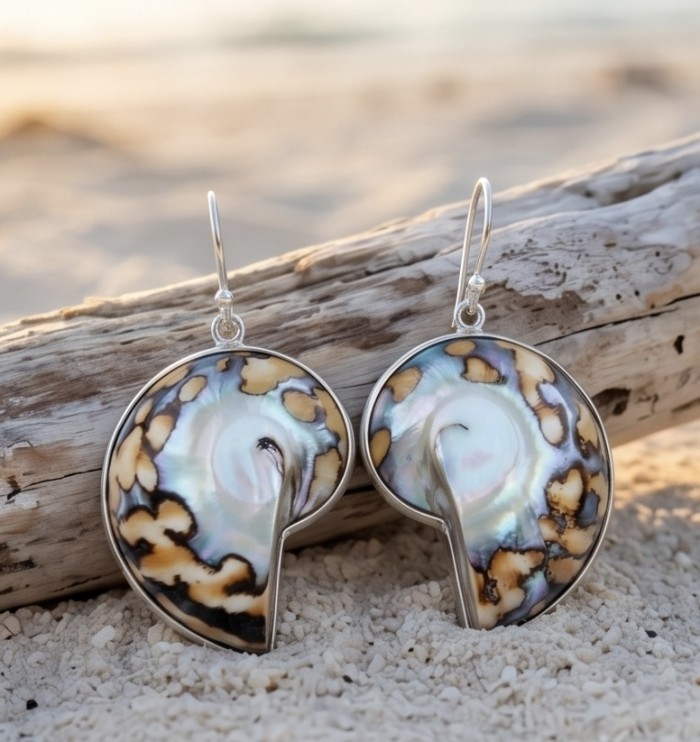 Fabulous Nautilus Ocean Shells .925 Sterling Silver handmade earrings - Close-up of nautilus shell earrings on sandy beach backdrop.