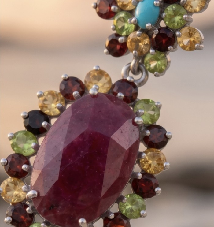 Real Art - Giovanna Natural 20.2 carat Kasmir Ruby .925 Sterling Silver handcrafted Statement earrings - Stone close-up of multi-gem earring with large ruby centerpiece.
