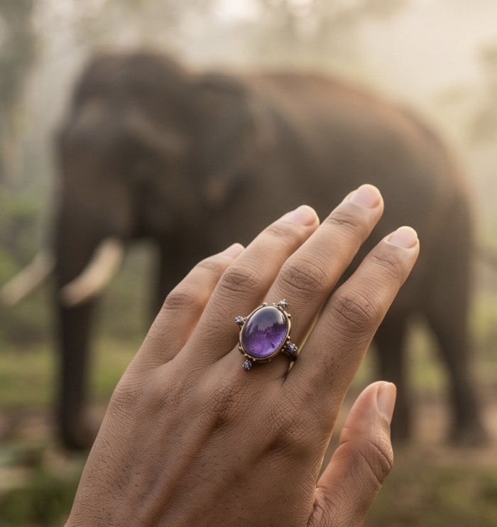 Vintage Beauty - highly protective 27.5 carat Amethyst .925 Sterling Silver dipped in 18K Gold Handcrafted Large Ring size 9 - Amethyst ring worn on hand with blurred elephant in background