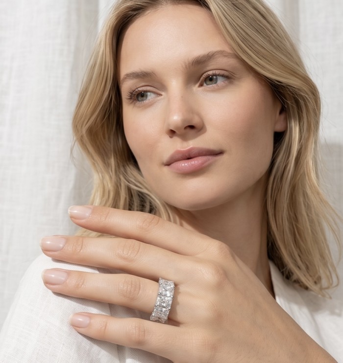 Eternity- 14.8 carat White Topaz Silver tone handcrafted Soild ring size 6 - Close-up of white topaz eternity ring worn on hand.