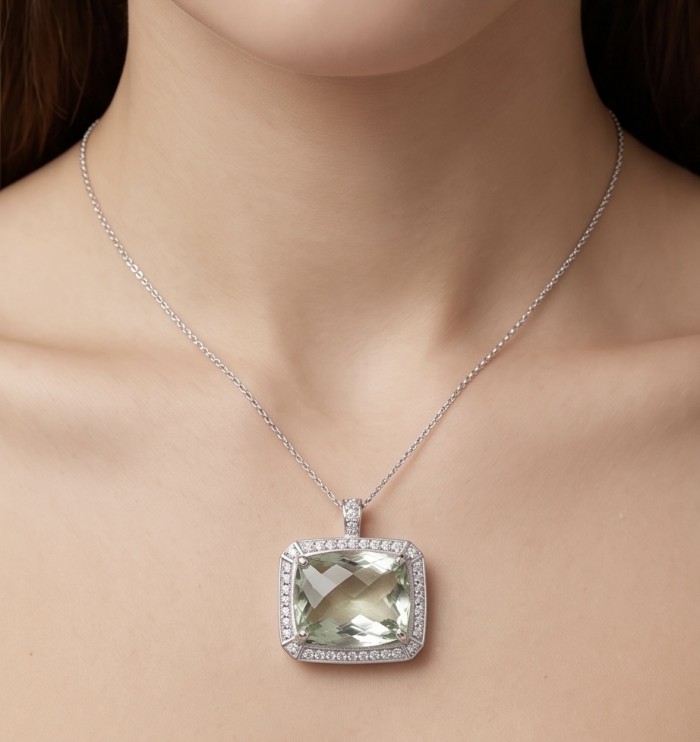 Green Ivy 25.9 carat Green Amethyst - Prasolite .925 Sterling Silver dipped in rhodium handcrafted pendant - Necklace with green amethyst pendant worn on neck.