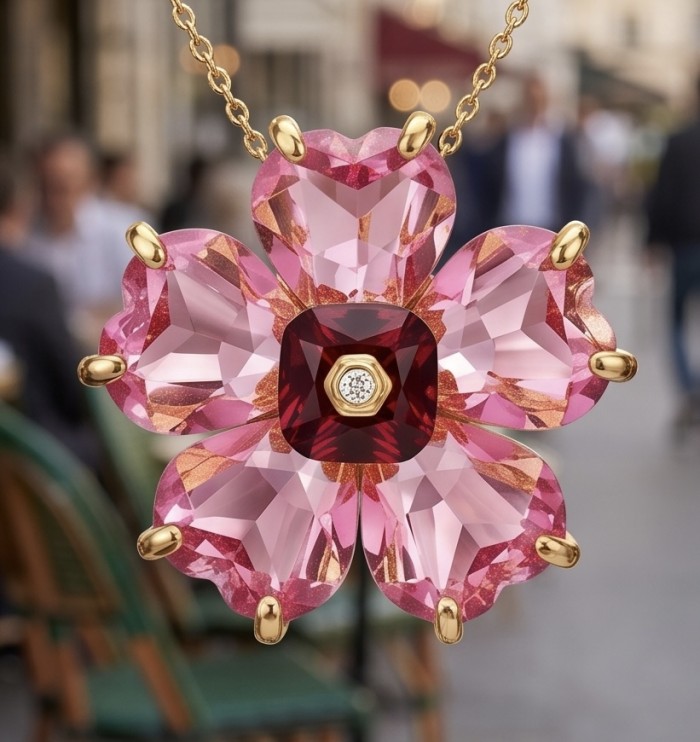 Cherry Blossom 28.5 carat Pink Topaz 14K Gold over .925 Silver handcrafted Statement necklace - Close-up of Cherry Blossom pink topaz pendant in 14K gold setting.