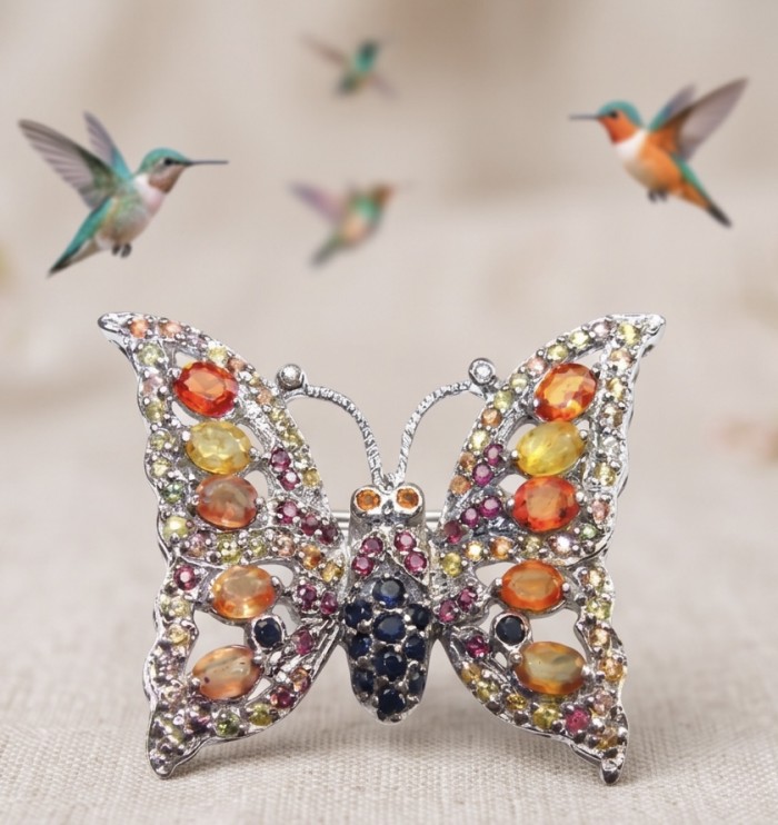 Butterfly authentic 9.8 carat multicolor Sapphire .925 Sterling Silver handmade Pendant Brooch - Butterfly brooch with multicolor sapphires, frontal view, with hummingbirds