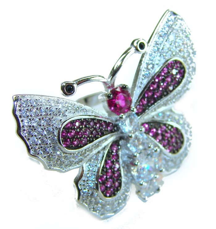 Precious Butterfly Genuine 10.5 carat Ruby .925 Sterling Silver handmade LARGE Statement Ring size 7 1/2 - Close-up of butterfly ring with rubies and diamonds in sterling silver.