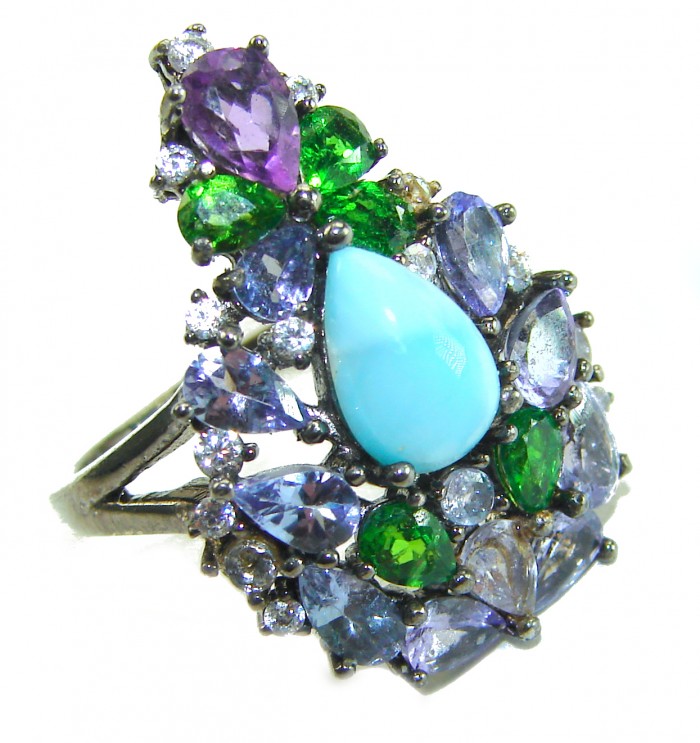 Victoria Natural 4.5 carat Larimar from Dominican Republic Tanzanite .925 Sterling Silver dipped in black rhodium handcrafted size 6 1/4 - Side view of Victoria ring with Larimar and colorful gemstones.