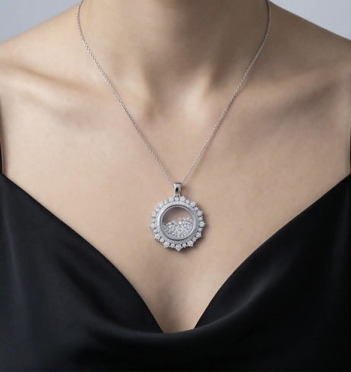 Floating Memories 12.5 carat White Sapphire .925 Sterling Silver Handcrafted Statement pendant - Necklace with circular pendant worn on model, front view.