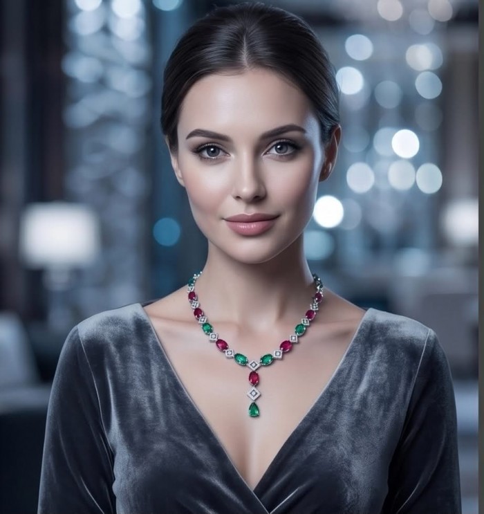 Francesca - Luxurious natural 19.8 carat Ruby Emerald .925 Sterling Silver handmade Statement necklace - Elegant woman wearing Francesca ruby and emerald necklace frontal view