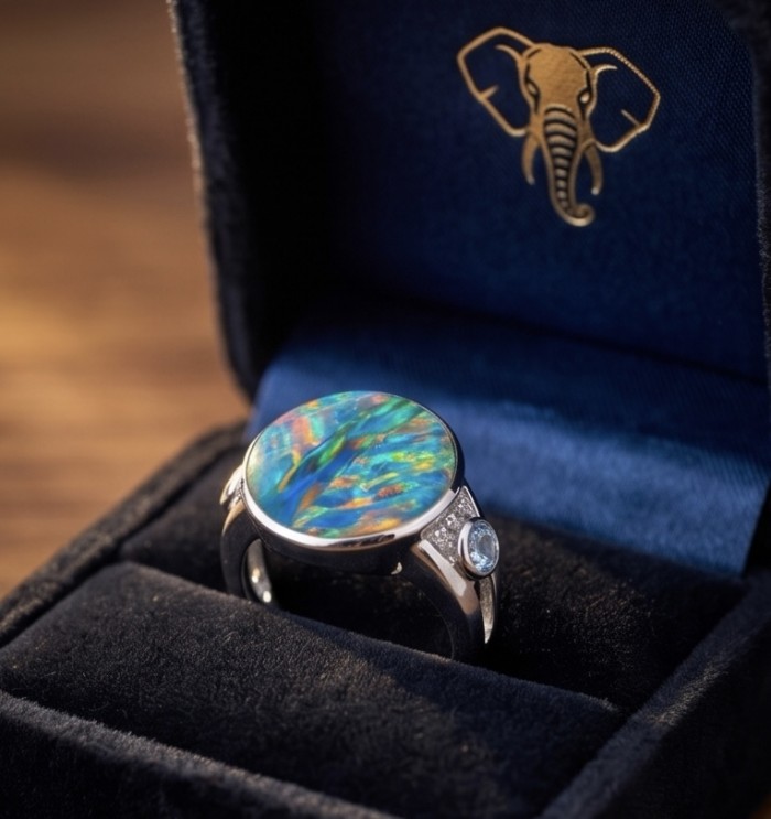 Endless Ocean Genuine 17.5 carat doublet Australian Opal .925 Sterling Silver handmade Ring size 6 3/4 - Close-up of Endless Ocean ring with 17.5 carat doublet Australian Opal