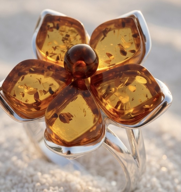 Golden Flower Authentic Baltic Amber rhodium over .925 Sterling Silver handcrafted ring; s. 7 adjustable - Close-up of Golden Flower Baltic Amber ring on sandy background