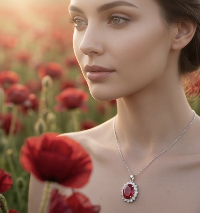 Authentic 17.5 CARAT Kasmir Ruby .925 Sterling Silver handcrafted Pendant - Close-up of 17.5 CARAT Kashmir Ruby necklace worn, amidst red poppies.