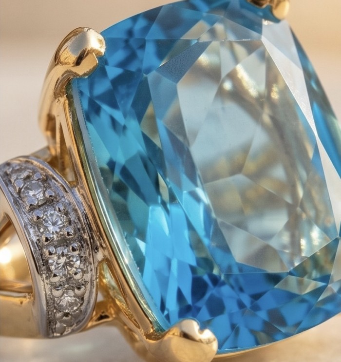 Paradise Natural 27.8 carat Swiss Blue Topaz .925 Sterling Silver dipped in 22K Gold handmade Large Statement Ring size 7 3/4 - Close-up of Swiss Blue Topaz and diamonds in gold and sterling setting.