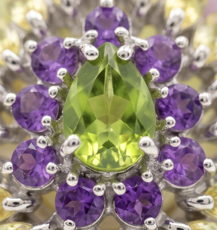 Wise Bliss Authentic 3.2 carat Peridot from Arizona .925 Sterling Silver handmade Ring s. 6 - Close-up of 3.2 carat pear-shaped Peridot with surrounding amethysts.