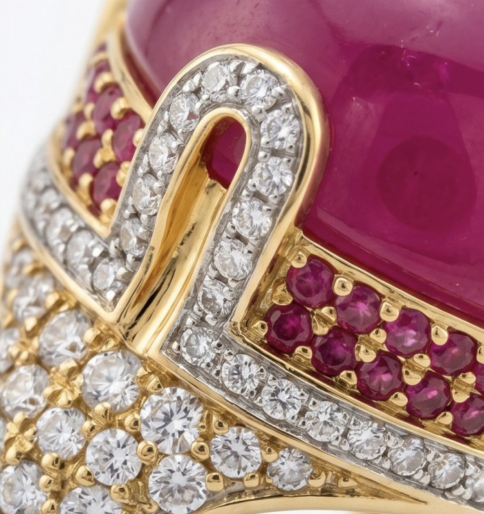 Scarlett 19.7 ctw Mozambique Ruby .925 Sterling Silver dipped in 22K WHITE Gold handcrafted Statement Ring size 7 - Close-up of Scarlett 19.7 ctw Mozambique Ruby and Diamonds in gold setting