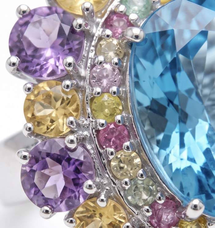 Pacifica - Authentic 33.8 carat Swiss Blue Topaz Rhodium over .925 Sterling Silver handcrafted Large Statement ring size 7 - Close-up of colorful gemstone arrangement on jewelry.