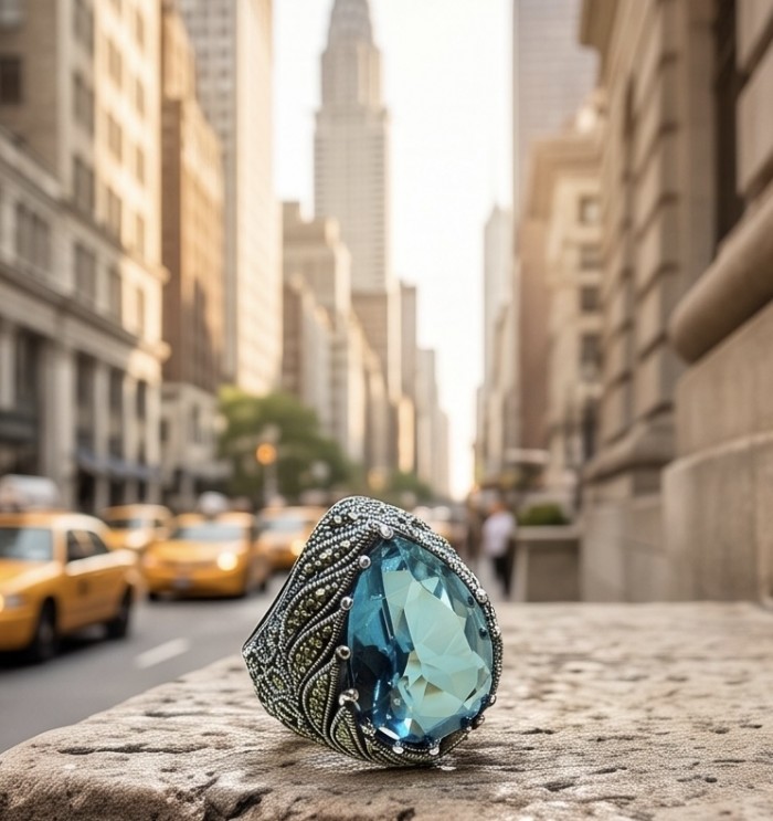 Massive Deep Blue 18.8 carat Aquamarine Marcasite .925 Sterling Silver handcrafted ring size 9 - Aquamarine ring close-up with cityscape background.