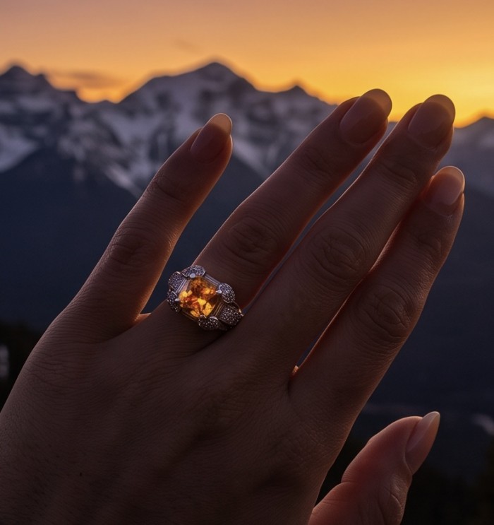 Anastasia 10.2 carat yellow Sapphire .925 Sterling Silver dipped in Rhodium Handcrafted Statement Ring size 6 - Yellow sapphire ring on hand, mountain sunset backdrop.