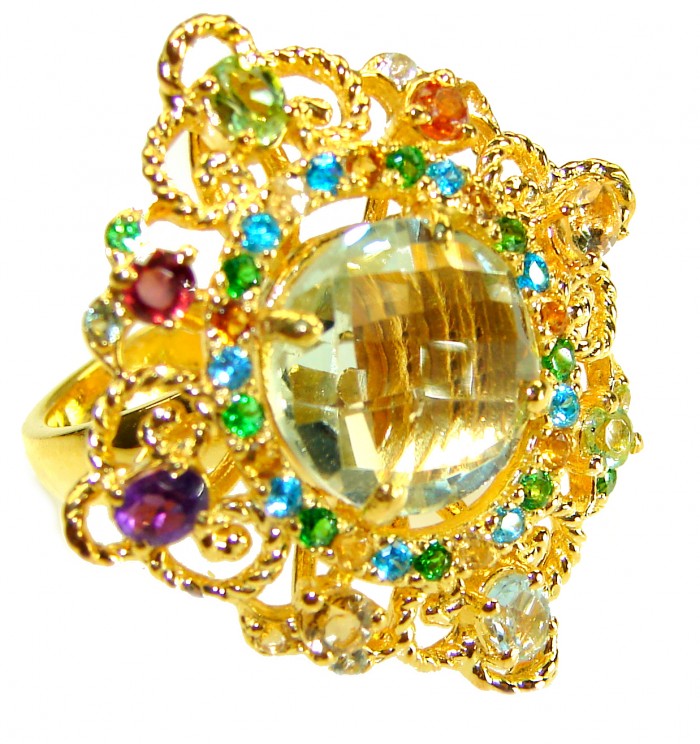 Celtic Spirit authentic fancy cut 11.5 carat Citrine 18K Gold over .925 Sterling Silver handcrafted Statement Ring s. 7 - Celtic Spirit ring, close-up of 11.5 carat Citrine in ornate 18K gold setting