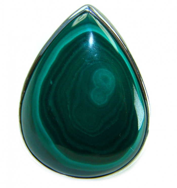 25.5 CARAT genuine Malachite .925 Sterling Silver handcrafted ring size 7 adjustable - Close-up of teardrop Malachite set in .925 Sterling Silver.