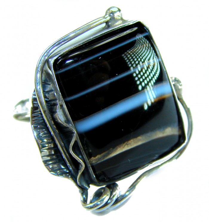 Roxanna - Huge 12.5 carat Black Onyx .925 Sterling Silver handcrafted ring; s. 8 - Close-up of Roxanna Black Onyx ring in sterling silver setting.