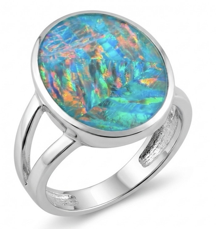Endless Ocean Genuine 17.5 carat doublet Australian Opal .925 Sterling Silver handmade Ring size 6 1/4 - Side view of Endless Ocean ring with 17.5 carat Australian opal stone