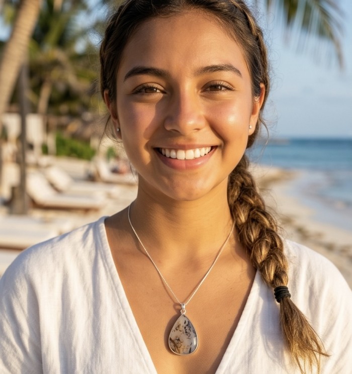 Deluxe 35.2 carat Scentic Agate .925 Sterling Silver handmade Pendant - Woman wearing Deluxe Scenic Agate pendant on a beach