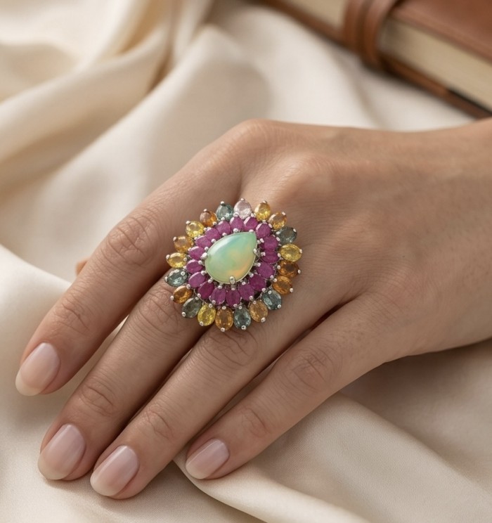 Royal quality genuine Prehnite rhodium over .925 Sterling Silver handcrafted .925 Sterling Silver handcrafted ring s. 6 3/4 - Prehnite ring worn on hand with colorful stone detailing