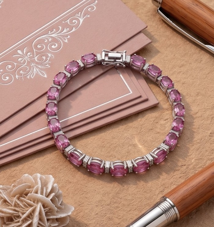 Luxurious 45.4 carat Pink Sapphire rhodium over .925 Sterling Silver handcrafted Bracelet - Luxurious pink sapphire bracelet, top view, on decorative background.