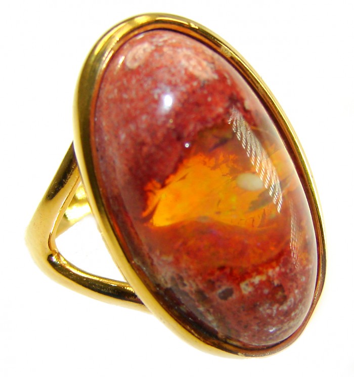 Queen of Fire best quality 22.4 carat Mexican Opal 18K Rose Gold over .925 Sterling Silver handmade ring 8 adjustable - Close-up of 22.4 carat Mexican Opal in 18K rose gold setting.
