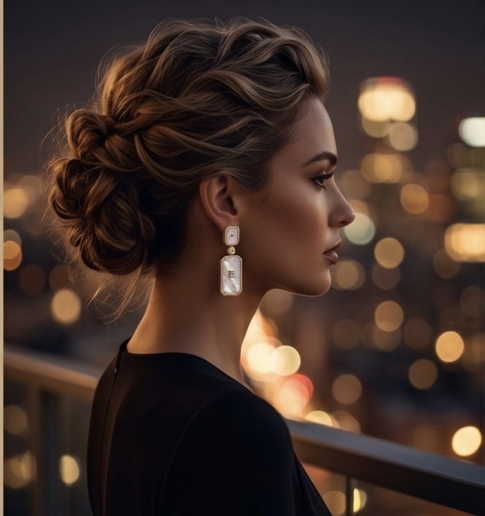 Genuine Blister Pearl lab grown Diamond 18K Gold over .925 Sterling Silver handcrafted Large Statement Earrings - Side view of woman wearing pearl and diamond earrings, city lights bokeh.