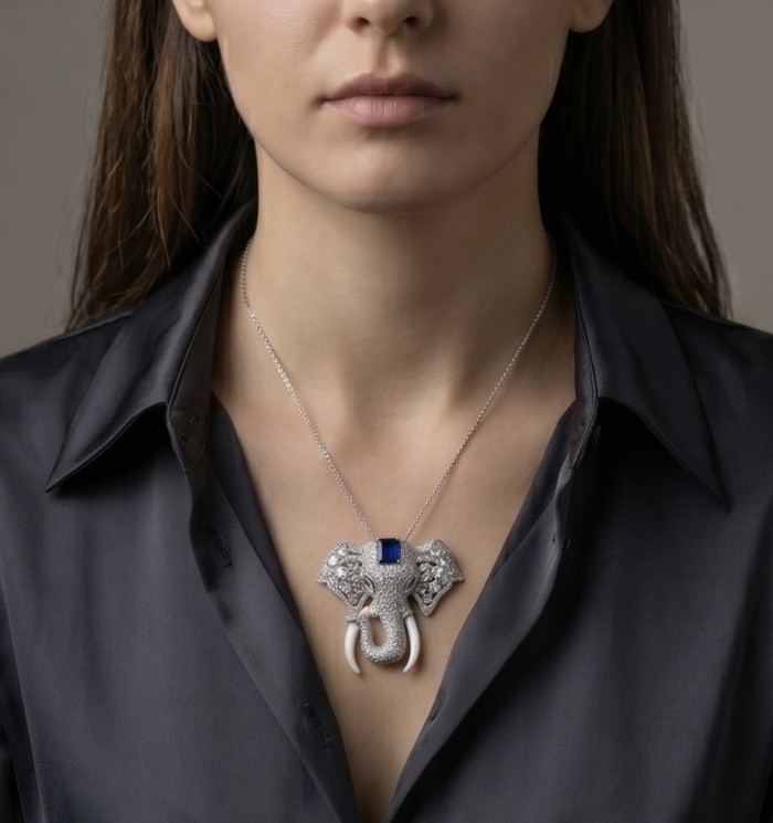 Attract YOUR Luck - ELEPHANT- 5.2 CARAT Sapphire .925 Sterling Silver dipped in rhodium handcrafted Pendant Brooch - Woman wearing elephant pendant necklace with sapphire and diamonds.