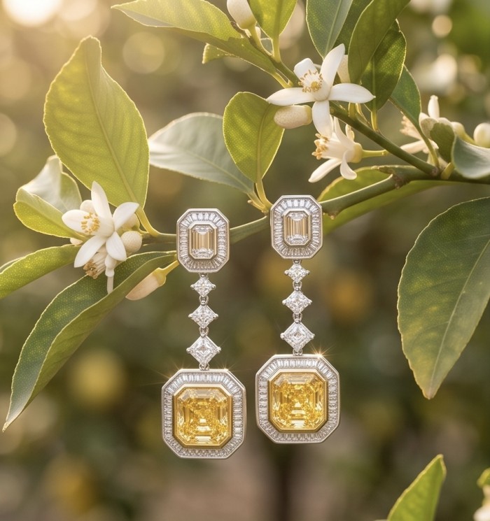 Art Deco - Luxurious asscher cut 20.5 carat Yellow Sapphire 18K Gold over .925 Sterling Silver handcrafted earrings - Luxurious asscher cut yellow sapphire earrings on floral background
