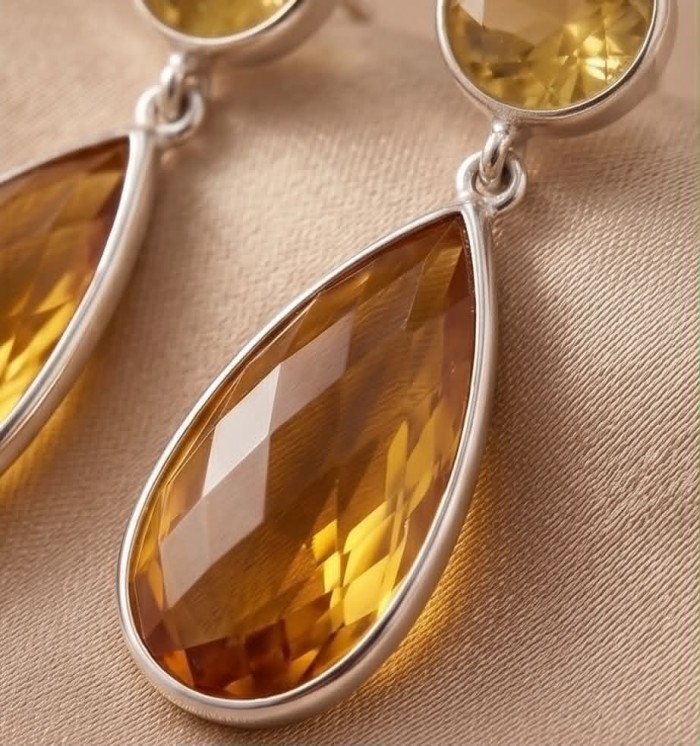 Alessandra 22.5 carat Champagne Smoky Topaz .925 Sterling Silver handmade Earrings - Close-up of Alessandra 22.5 carat Champagne Smoky Topaz earrings.