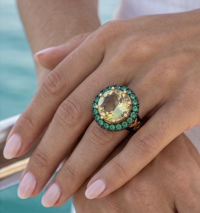 Tiffany - Natural 8.8 carat Brazilian Citrine .925 Sterling Silver dipped in black Rhodium 18K Gold handmade Statement Ring size 4 3/4 - Citrine and emerald ring worn on hand near water.