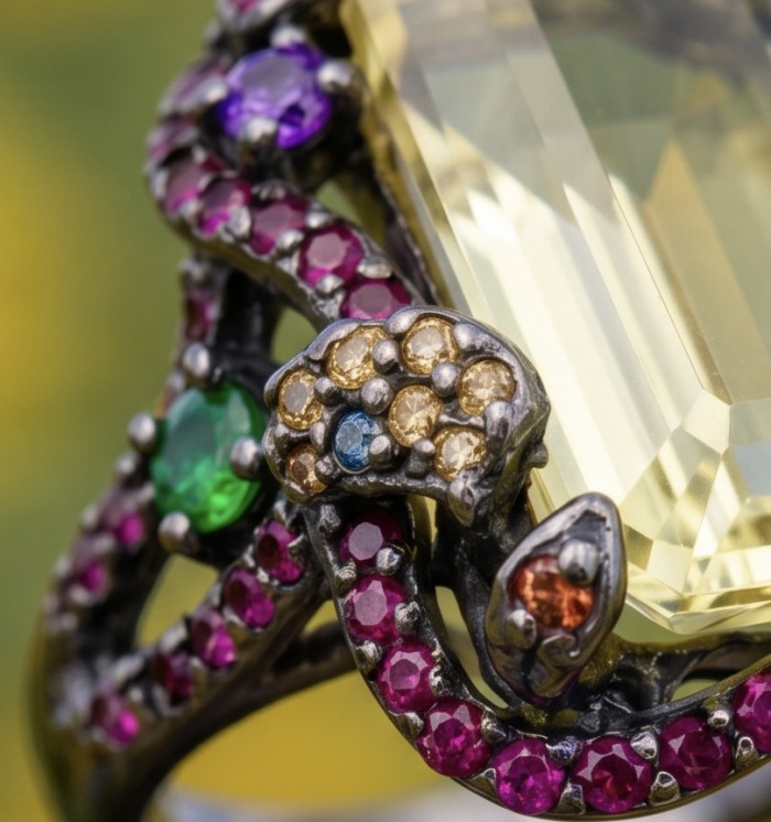 Costa del Sol 29.4 carat Lemon Quartz black rhodium over .925 Sterling Silver handcrafted ring size 8 - Close-up of Costa del Sol lemon quartz with colorful gemstones.
