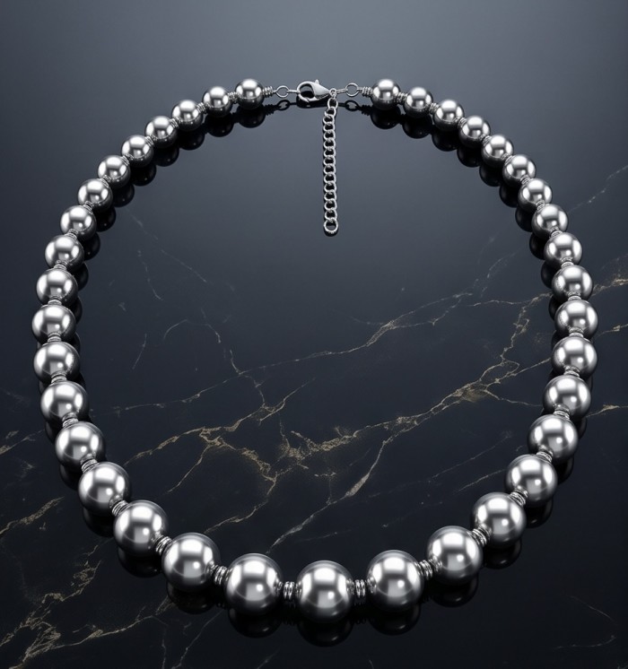 Fancy Italy made Silver Beads Sterling Silver necklace 16'' long, 10 mm wide - Silver bead necklace with clasp and chain detail on a dark background