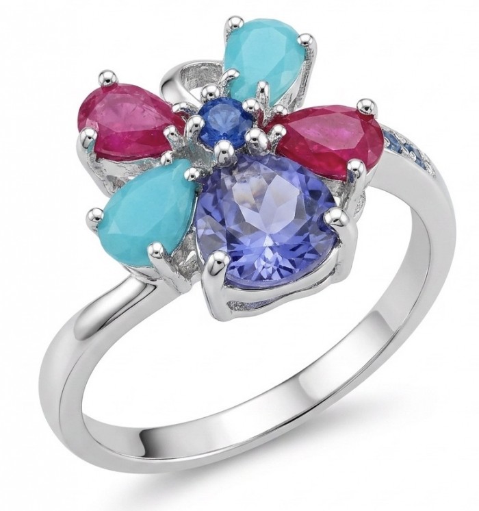Flower 7.2 carat Multigem .925 Sterling Silver Handcrafted Ring size 7 - Close-up of a multigem flower ring in sterling silver, top view.