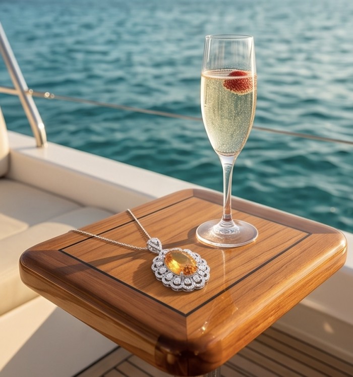 Costa del Sol 18.8 carat Citrine .925 Sterling Silver handcrafted Statement pendant - Citrine pendant on yacht table with champagne, ocean backdrop.