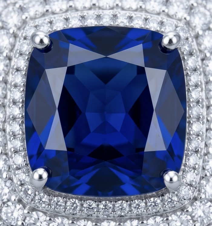 Julietta asscher cut 27.5 carat Sapphire .925 Sterling Silver handmade Statement ring size 7 1/4 - Close-up of Julietta asscher cut sapphire in sterling silver setting
