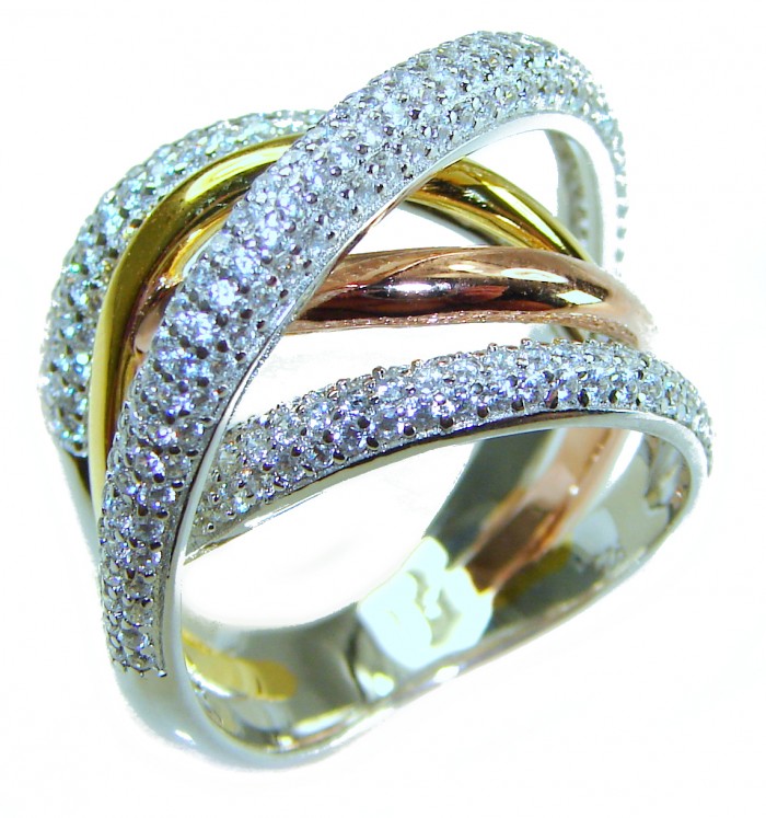 Golden Galaxy Genuine 8.8 carat 18K White Gold over .925 Sterling Silver handmade Ring size 7 1/4 - Close-up of intertwined diamond and gold rings, 18K white and rose gold.