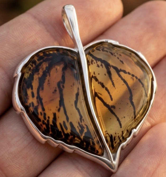 Golden Leaf Buttescotch Baltic Amber .925 Sterling Silver dipped in 18K Gold handmade pendant - Close-up of golden leaf butterscotch amber pendant in hand.