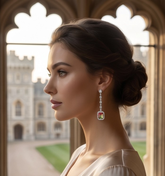 Luxurious 7.5 carat Brazilian Watermelon Tourmaline .925 Sterling Silver Handcrafted Earrings - Side view with luxurious watermelon tourmaline earrings worn elegantly