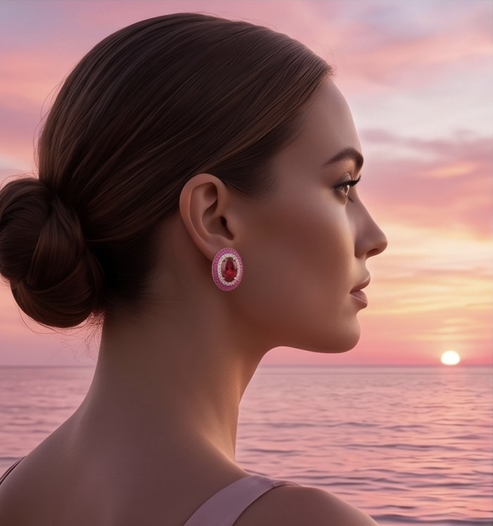 Precious - Art Deco 10.2 carat Ruby .925 Sterling Silver handmade earrings - Side view of woman wearing Art Deco ruby earrings at sunset.
