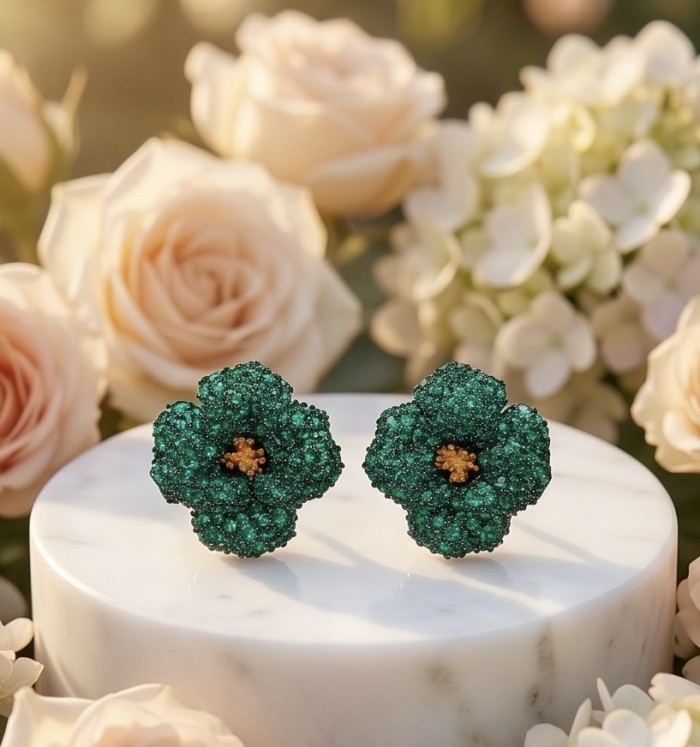Exotic Flowers - 18.8 carat Colombian Emerald 2 tones .925 Sterling Silver dipped in rhodium handmade Statement Earrings - Emerald flower earrings on marble pedestal with floral background.