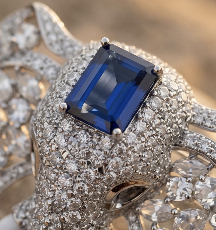 Attract YOUR Luck - ELEPHANT- 5.2 CARAT Sapphire .925 Sterling Silver dipped in rhodium handcrafted Pendant Brooch - Close-up of elephant design with 5.2 carat sapphire and diamond accents.